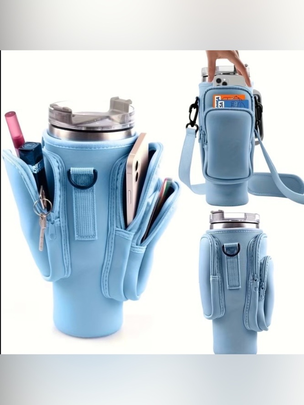 Water Bottle Carrier with Crossbody Strap and Zippered Pockets